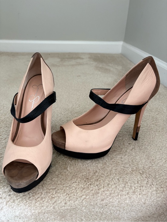 Jessica Simpson Shoes - Jessica Simpson Blush Pink and Black Peep-Toe Mary Jane Heels